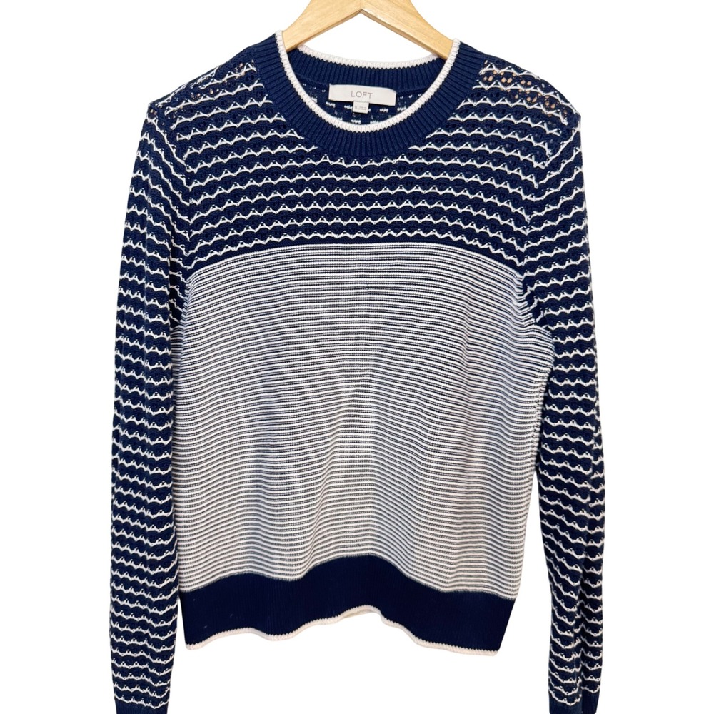 LOFT Cotton Sweater XL Navy Blue Striped Textured Knit Crew Neck Fall Coastal